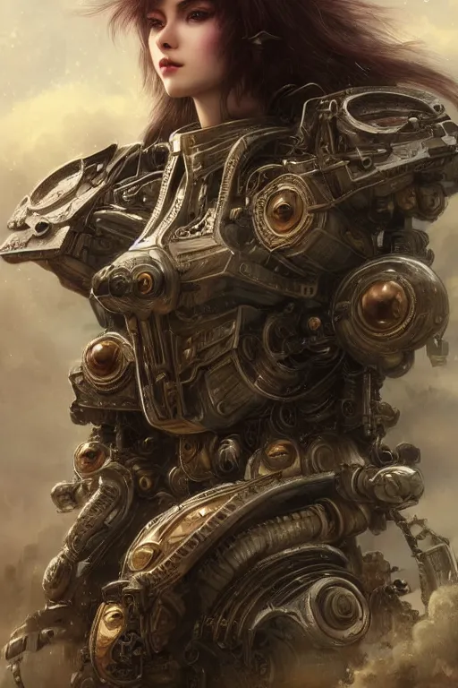 Prompt: ultra realist and ultra intricate detailed soft painting of a beautiful mechwarrior kawai in steampunk armor, thin lustrous hair, symmetry features, sensual gloomy style, soft painting, volumetric clouds, fantasy background, artstation, Tom Bagshaw artstyle, unreal render, depth of field