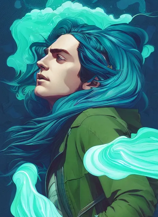 Prompt: style artgerm, joshua middleton, illustration, henry cavill as a homeless street urchin wearing green pelt clothing, blue hair, swirling water cosmos, fantasy, dnd, cinematic lighting