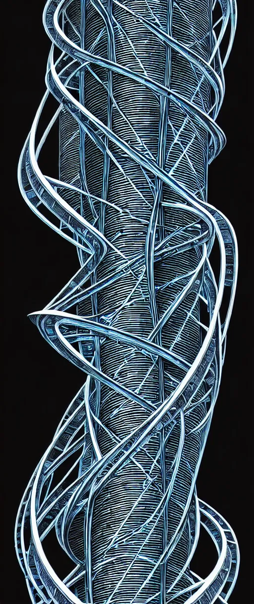 Prompt: a double helix dna strand futuristic carved pillar, high details, lineart, by vincent di fate, inking, etching, screen print, masterpiece, trending on artstation, sharp, high contrast, hyper - detailed,, hd, 4 k, 8 k