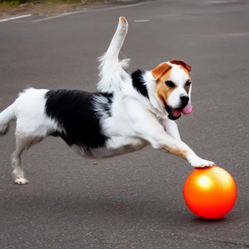 Image similar to a dog juggling 3 balls