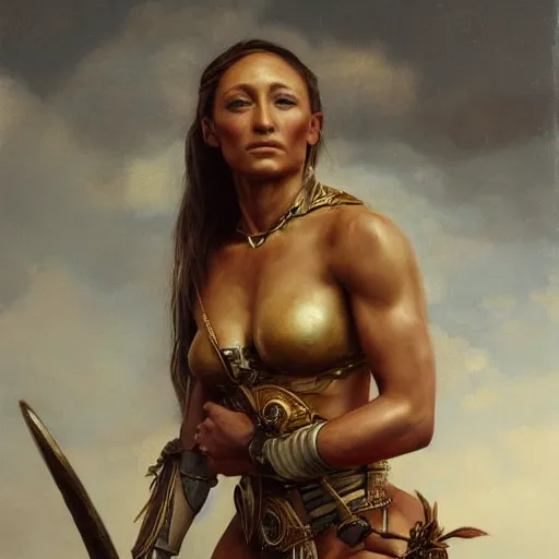 Prompt: the portrait of jessica ennis hill as amazon warrior in bikini by roberto ferri, fantasy, witcher, very detailed oil painting, masterpiece, 8 k