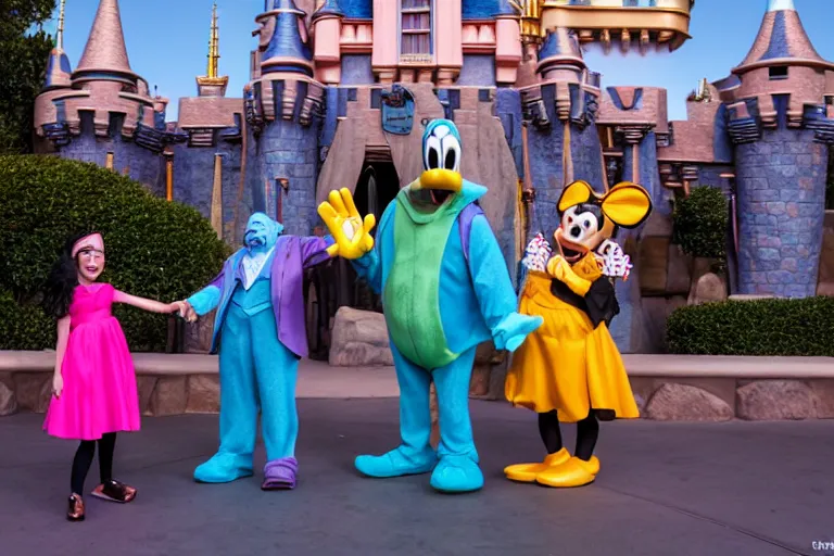 Image similar to an awkward interaction with grossly deformed costumed characters at disneyland. children are terrified. highly detailed, 1 6 k resolution, ultra realistic