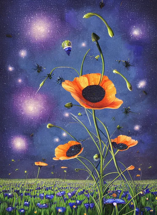 Image similar to detailed, intricate blue black and purple papaverum flower on the field, nebula, galaxy in the sky, winning award masterpiece, fantastically beautiful, illustration, aestheticly inspired, jacek yerka, upscale with anguissola sofonisba work, artstation, 8 k