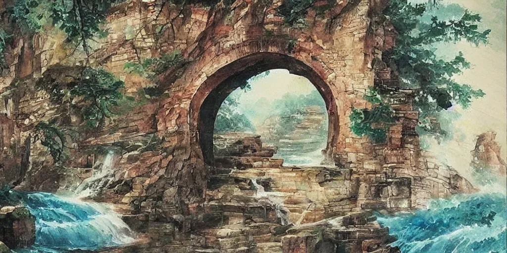 Image similar to “ large ancient gate in the middle of water fall, oil painting, masterpiece, chinese water color, aesthetic ”