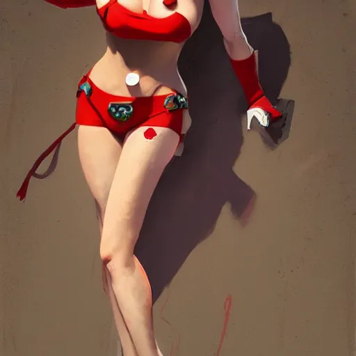 Image similar to pinup overwatch tracer in a red bikini, artwork by sergey kolesov, medium shot, asymmetrical, organic painting, sunny day, matte painting, bold shapes, hard edges, street art, trending on artstation, by huang guangjian and gil elvgren and sachin teng