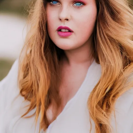 Prompt: brooke ashling, a curvy, radiant, bubbly, 2 5 - year - old canadian plus - size model, long strawberry - blond hair, creamy skin, portrait, 8 5 mm canon f 1. 2 lens