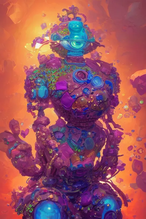 Image similar to maximalist detailed gemstone golem portrait by adoryanti, holosomnia, electrixbunny, rendered in discodiffusion. ornated and decorated with pearls and gems, behance hd by jesper ejsing, by rhads, makoto shinkai and lois van baarle, ilya kuvshinov, ray tracing hdr radiating a glowing aura