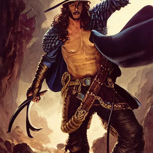 Image similar to half length portrait of chris evans as a swashbuckler, d & d, medieval, fantasy, greg rutkowski, frank frazetta, alexandre chaudret, boris vallejo, michael whelan, miro petrov, hr giger