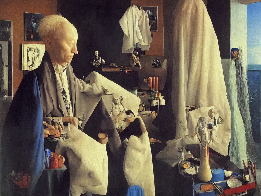 Prompt: Portrait of albino mystic with blue eyes, painting on a canvas in his studio. Painting by Jan van Eyck, Audubon, Rene Magritte, Agnes Pelton, Max Ernst, Walton Ford