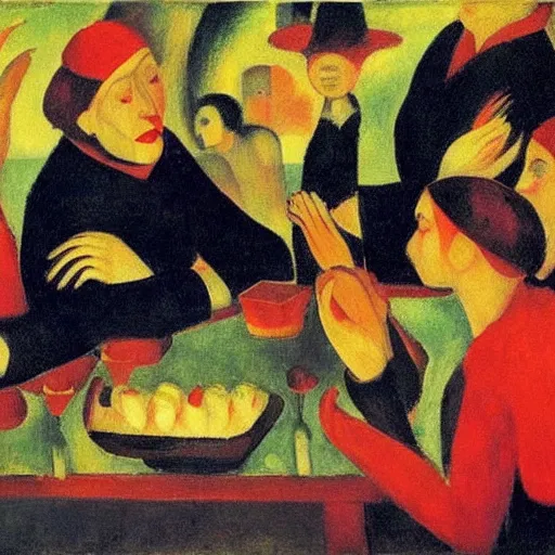 Image similar to by kathe kollwitz, by august macke awesome cardinal. a beautiful body art of a group of people gathered around a table in a tavern. they are all eating & drinking, & appear to be enjoying themselves.