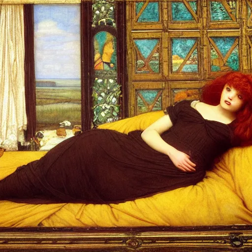 Image similar to preraphaelite photography reclining on bed, a hybrid of judy garland and nicole richie, aged 2 5, big brown fringe, wide shot, yellow ochre ornate medieval dress, john william waterhouse, kilian eng, rosetti, john everett millais, william holman hunt, william morris, 4 k