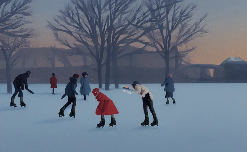 Image similar to ice skating on a frozen lake scene illustration by atey ghailan and escher and edward hopper