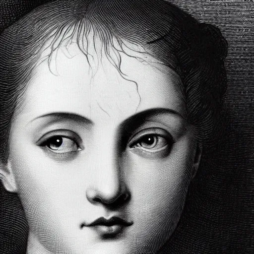 Image similar to extreme close-up, black and white, eyes of a young french woman, marie laforet as model, Gustave Dore lithography