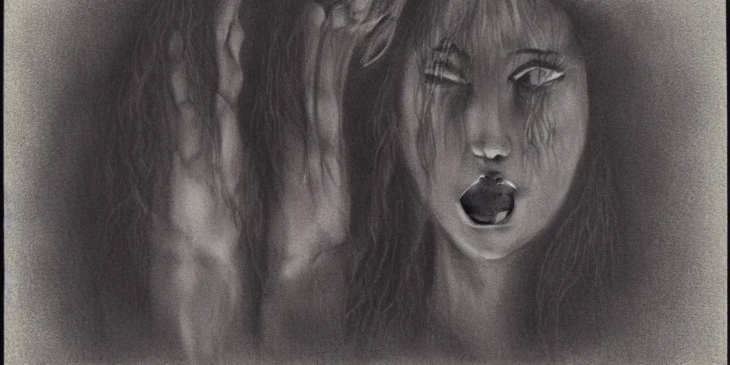 Prompt: The girl from the movie Ring, mezzotint, scary