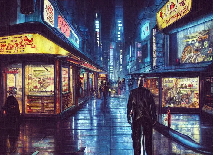 Image similar to the only open cyberpunk blade runner fast food stand in the cyberpunk city during a melancholy rainy night by salvadore dali