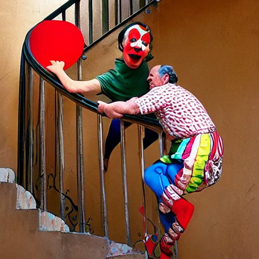 Prompt: a man pushing a clown down a spiral staircase