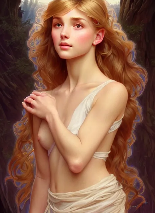 Image similar to perfectly feminine face!! full body portrait of young fairy goddess blessed by nature with ever - increasing physical mental perfection, blonde, symmetrical! intricate, sensual features, highly detailed, biblical divine holy perfection!! digital painting, artstation, concept art, smooth, sharp focus, illustration, art by artgerm and greg rutkowski and alphonse mucha