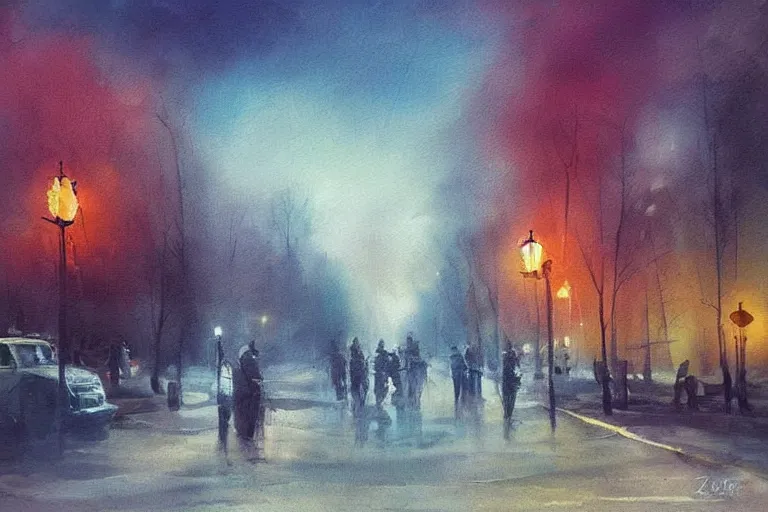 Image similar to amazing landscape painting with moody zealots, crying in the street and unusual colors, random-artist-blend