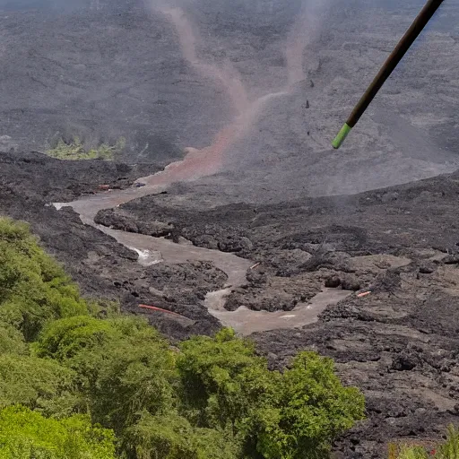 Prompt: a panoramic landscape with a stream of lava flowing down the valley. From the hills many KFC buckets on sticks are poking out on different angles