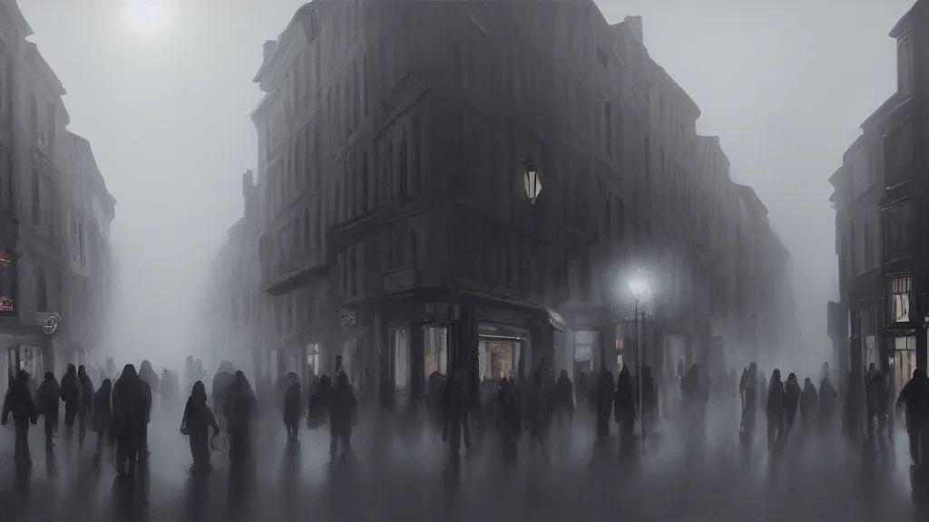 Image similar to a large black sphere with glowing edges over a crowd of people on street of the old town with houses in the windows of which the light is on. early morning, fog on ground, wet street. mike barr painting. volumetric light, dull colors, dark, noir arthouse, 3 5 mm, hight detalied, hd, 4 k