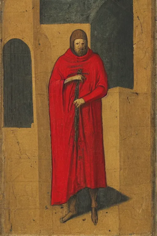 Image similar to medieval man wearing a red sack over his head, bloody, looking at the camera