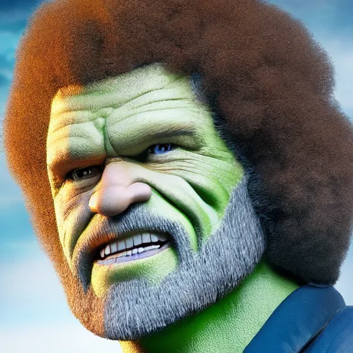 Prompt: full body portrait , photomanipulation of BOB ROSS as hulk with human flesh, marvel, fully detailed, volumetric lightening, octane render, 8k, masterpiece, epic composition