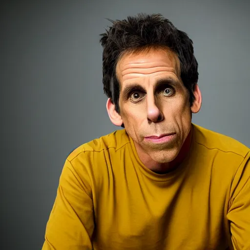 Image similar to a selfie of ben stiller sad because he got mustard on his shirt