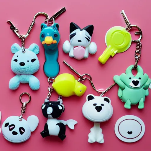 Image similar to some cute plastic toys that look like animal characters hanging from a backpack on a keychain, white, cream, and light pink