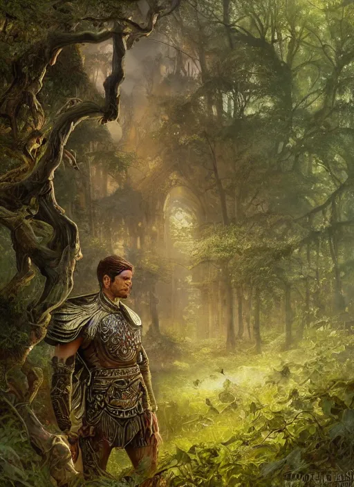 Prompt: intricate detailed portrait painting of a male warrior on a beautiful forest meadow, temple ruins surrounded by lush forest, afternoon, art by ralph horsley and swanland and tyler edlin and artgerm and greg rutkowski, atmospheric lighting, dynamic lighting