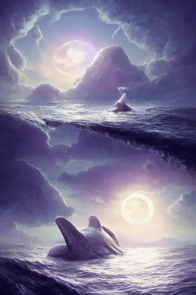 Prompt: a crystal whale peeking out of the blue sea, a full moon illuminating the sea in the dark night, the stars shining, a dreamy crystal atmosphere ， super wide angle ， matte painting ， rtx on ， by jordan grimmer and john pitre ， trending on cgsociety and artstation, volumetric light ， surreal