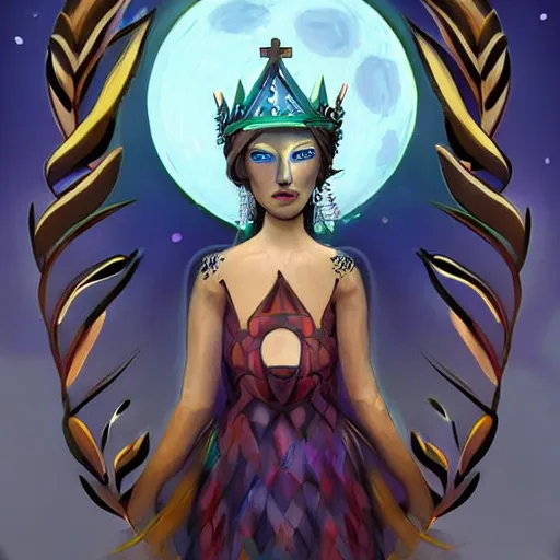 Prompt: Artemixel, the modern reincarnation of the old selenium god of hunt and moon, also known as Artemis or Selene, carrying the crown of the crescent moon. They are crowned by a bright and slightly bluish crescent like the brightness of the night. Treding on Artstation, digital art, concept art