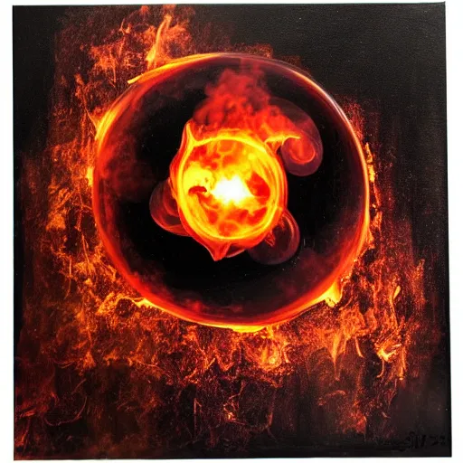 Image similar to soap bubble covered in fire flames, centered, symmetrica, oil paintingl