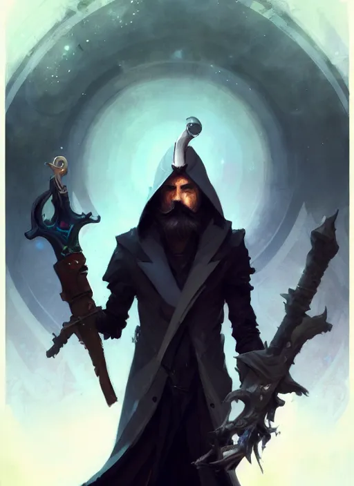 Image similar to full body picture of an legendary weapon master, holding a ego weapons to the camera, long black jacket, neat white beard, bored, smoking, messy ground by so many ego weapons, smoking, intricate, masterpiece, epic fantasy illustrations by peter mohrbacher and anato finnstark and jeremy lipking