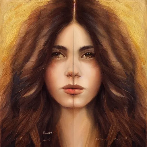 Image similar to beautiful portrait face centre oil on canvas of brunette with wavy hair Ebru Şahin, Reyyan, intricate, elegant, highly detailed, artstation, concept art, sharp focus