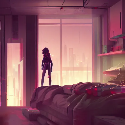 Image similar to a cyborg girl dreaming in cyberpunk apartment, render, octane, 4k, highly detailed, vivid colors, light and shadow, high definition, by James Gilleard and Makoto Shinkai