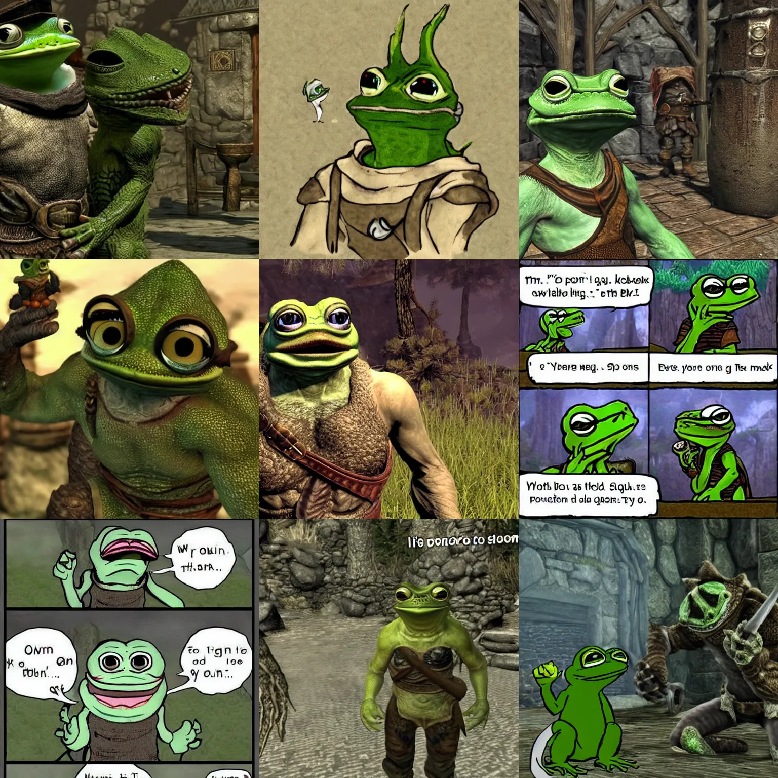 Prompt: Pepe the frog in Skyrim telling an argonian to quit drinking skooma