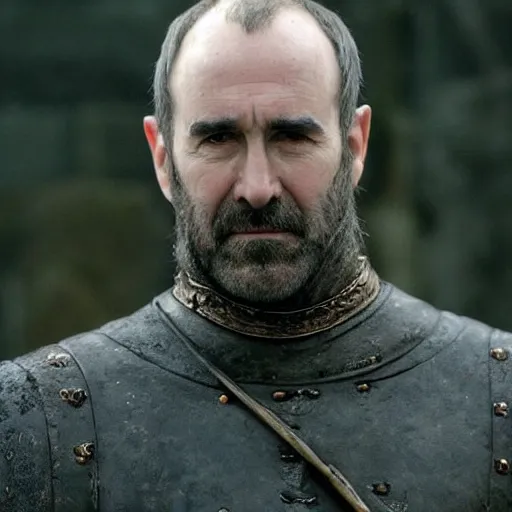 Prompt: Stannis is a large man, tall, broad-shouldered, and sinewy. He has dark blue eyes and a heavy brow. His head has only a fringe of black hair like the shadow of a crown, and he has a close-cropped beard across his large jaw. His face has a tightness to it like cured leather, and he has hollow cheeks, and thin, pale lips. He grinds his teeth regularly.