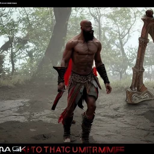 Image similar to Djimon Hounsou as kratos, 8k, cinematic, unreal engine