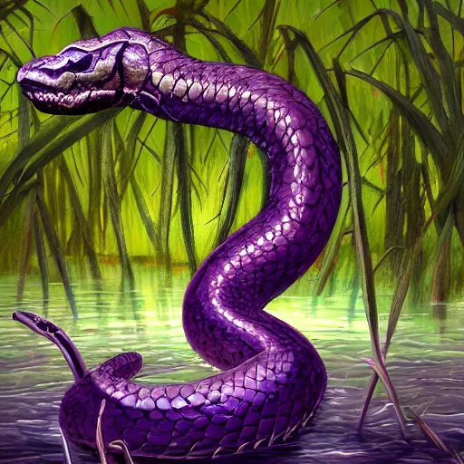 Image similar to a purple head of a serpent with big white eyes, sticking above the water in the mangroves, marshes, trending on artstation, 4 k, video game art, oil painting