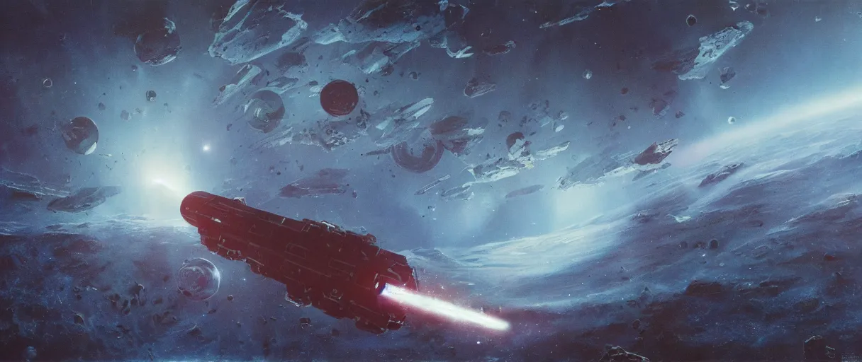 Image similar to concept art, a single exploration spaceship drifting in space, the expanse tv series, industrial design, lost in the immensity of space, spatial phenomenon, space debris, cinematic lighting, 4k, greebles, widescreen ratio, wide angle, beksinski, sharp shapes, maximalist, film grain