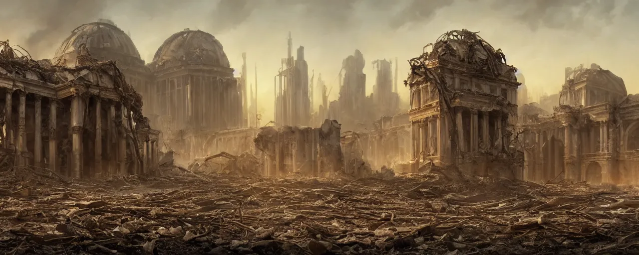 Prompt: A beautiful hyper realistic detailed matte painting of the destroyed Capitolium after nuclear bomb + post-apocalyptic landscape at early sunrise + a lot of debris and burned bushes and trees + by John Howe and Andreas Rocha and Martin Johnson Heade and Albert Bierstadt, Fallout style + unreal engine, trending on artstation, golden ratio, rectilinear