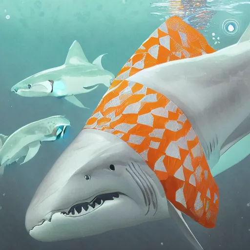 Image similar to great white shark, orange and white striped traffic cones as fins, underwater background detailed atmospheric - ron cheng & alphonse mucha, highly detailed, digital painting, ray tracing, concept art, illustration, smooth sharp focus, intricate, symmetry, artstation,