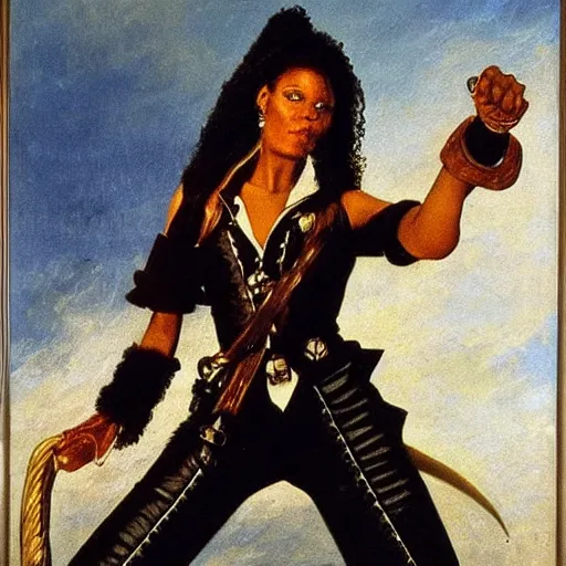 Image similar to Swashbuckling female pirate in space, grace jones, courbet