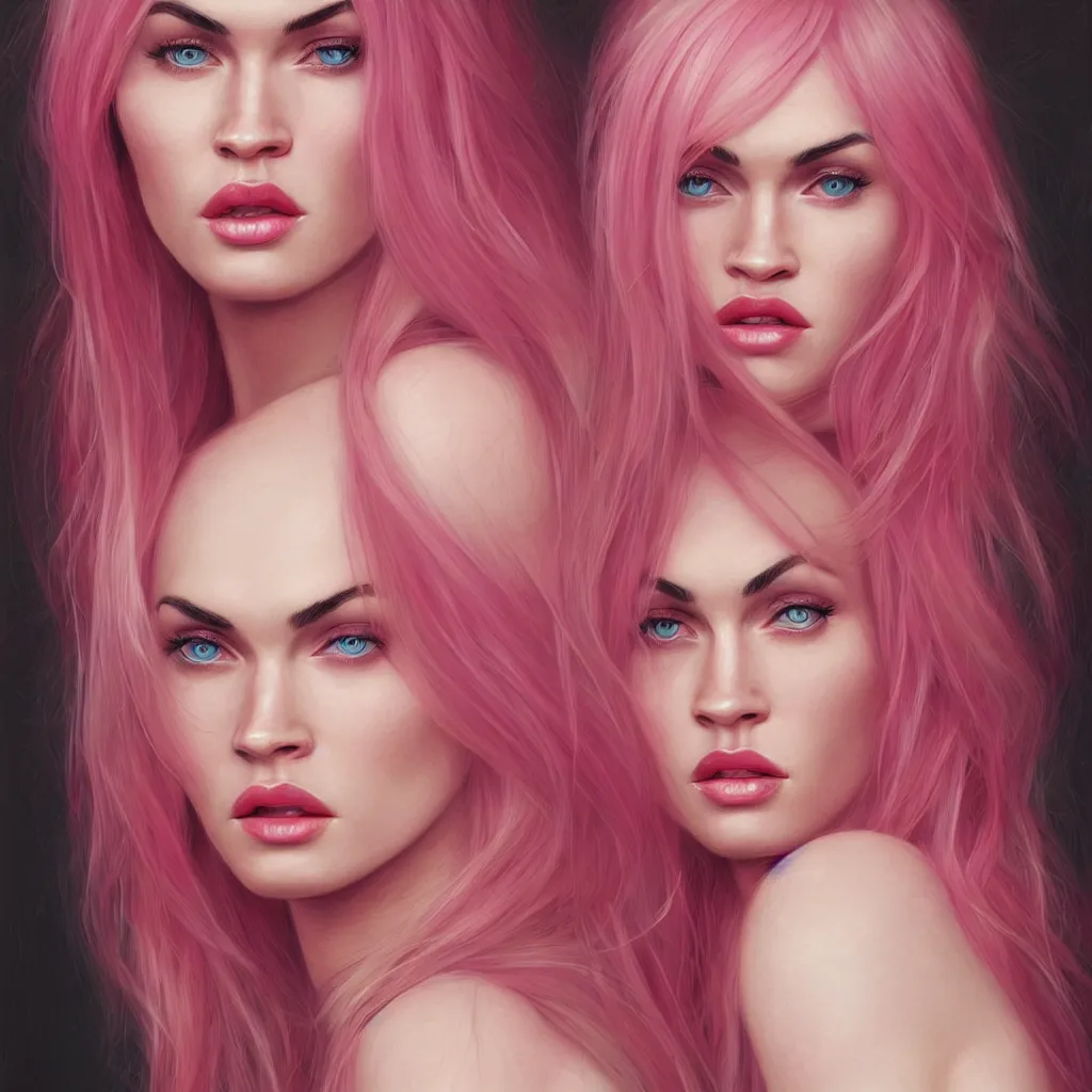 Image similar to Portrait of a beautiful pale skin Nordic female megan fox with long pink hair, elegant, photorealistic, highly detailed, artstation, smooth, sharp focus, gold ornaments, neon lighting, sci-fi, art by Klimt