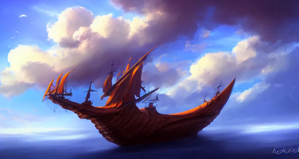 Image similar to a large wooden fantasy ship flying through the clouds with blue sky, andreas rocha style