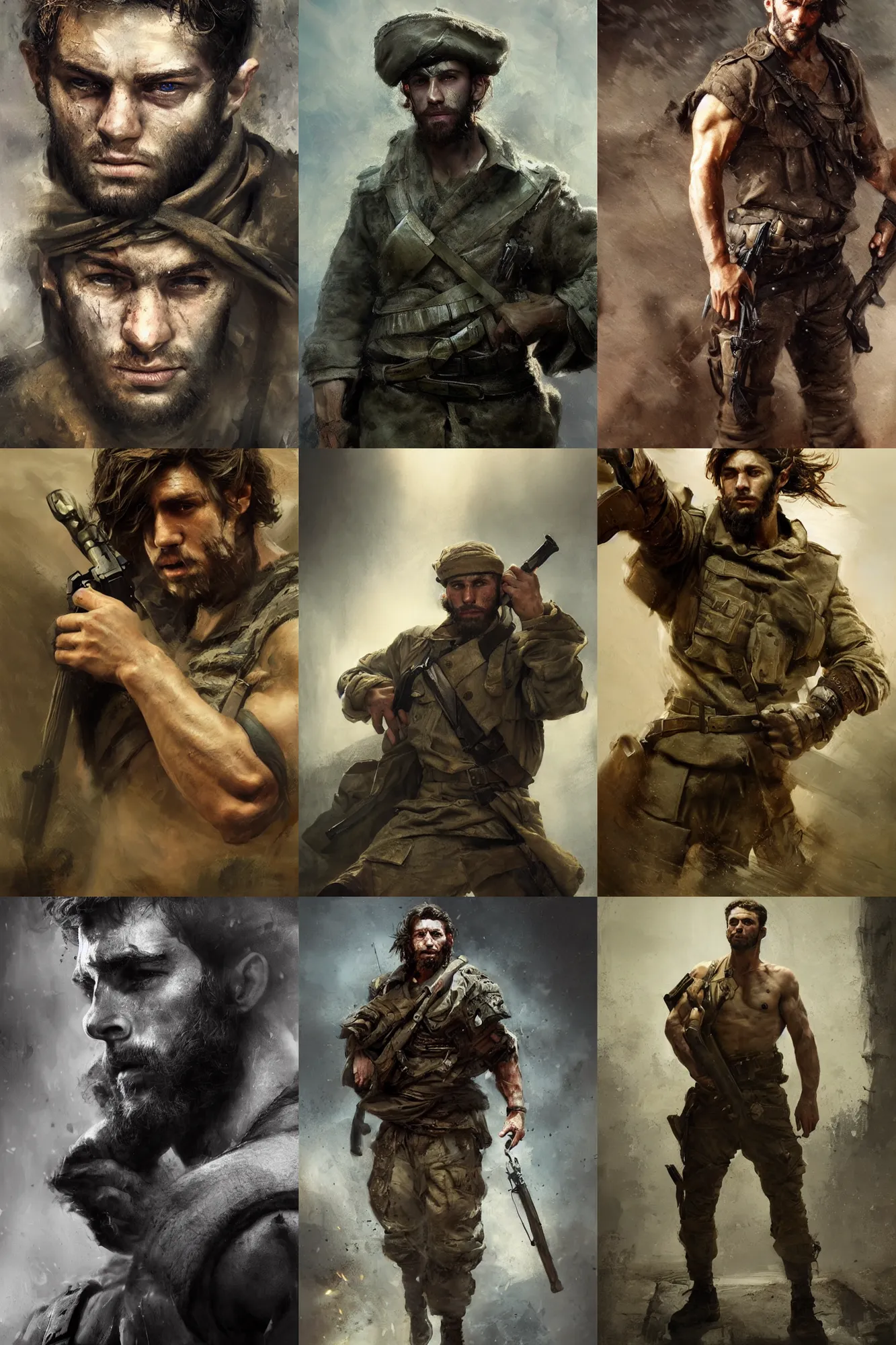 Prompt: portrait of a jewish soldier. rugged young man, very beautiful. big muscles, many scars. cinematic lighting, highly detailed, full body shot. Action movie still. By Ruan Jia.