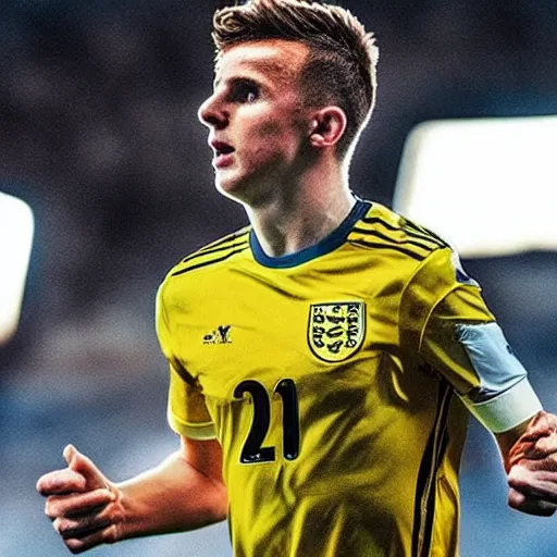 Image similar to “A realistic photo of English football player Mason Mount as a humanoid android with shiny skin and wearing his soccer uniform close up very detailed”