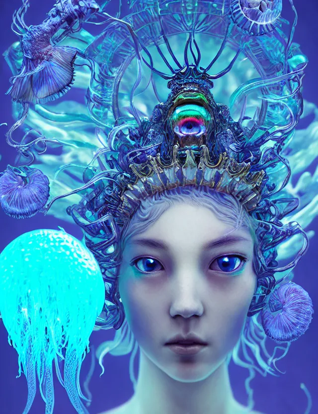 Image similar to goddess macro close - up portrait wigh crown made of ram skull. betta fish, jellyfish phoenix, bioluminiscent, plasma, ice, water, wind, creature, super intricate ornaments artwork by tooth wu and wlop and beeple and greg rutkowski