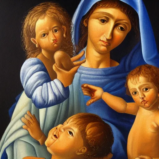 Prompt: a very detailed oil painting of the Holy Family, very detailed faces, by Andrea Vaccaro