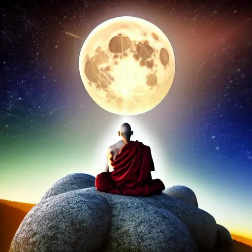 Image similar to high definition render of a monk on top of a mountain, full moon, milky way, galaxy, buddhism, 8 k, symbolic, intricate, detailed, raytracing